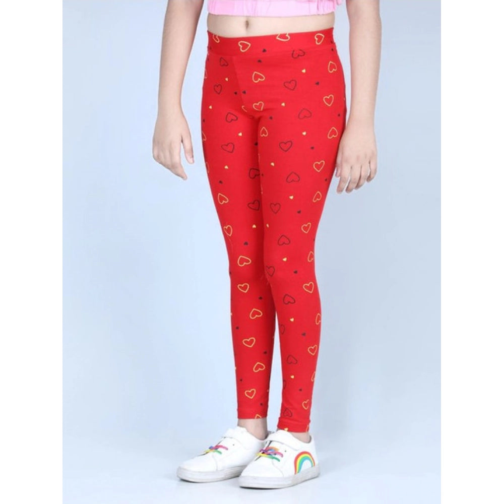 Red cotton lycra printed elasticated leggings for girls - activewear, comfortable fitness apparel