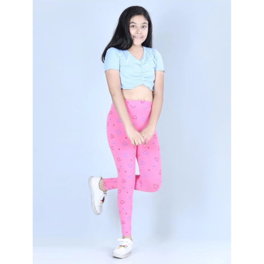 Light Pink Cotton Lycra printed elasticated leggings for girls, ideal for casual wear