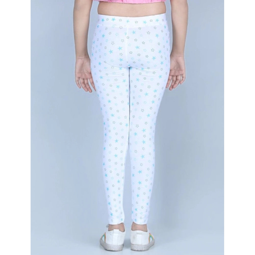 White cotton lycra printed elasticated leggings for girls, ideal for activewear or casual wear