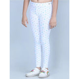 White cotton lycra printed elasticated leggings for girls, casual activewear on model