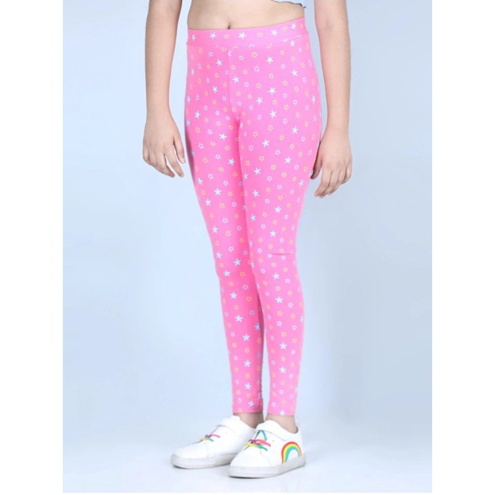 Pink cotton-lycra printed elasticated leggings for girls, ideal for active play and casual wear