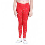 Red cotton-lycra printed elasticated leggings for girls, ideal for activewear