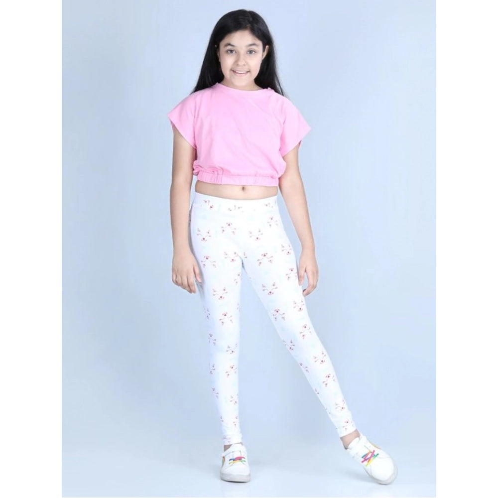 White cotton lycra printed elasticated leggings for girls - vibrant pattern, comfortable activewear for play