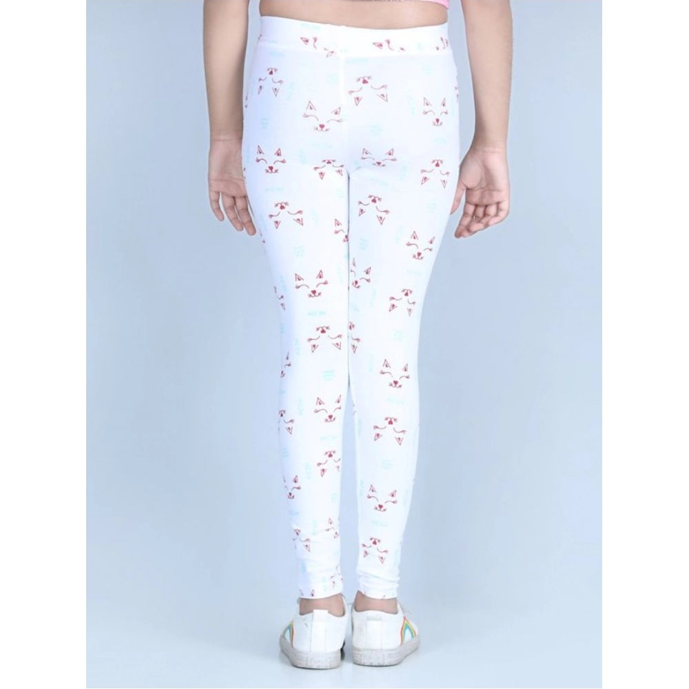 White cotton lycra printed elasticated leggings for girls, perfect for active play