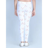White cotton lycra printed elasticated leggings for girls, perfect for active play