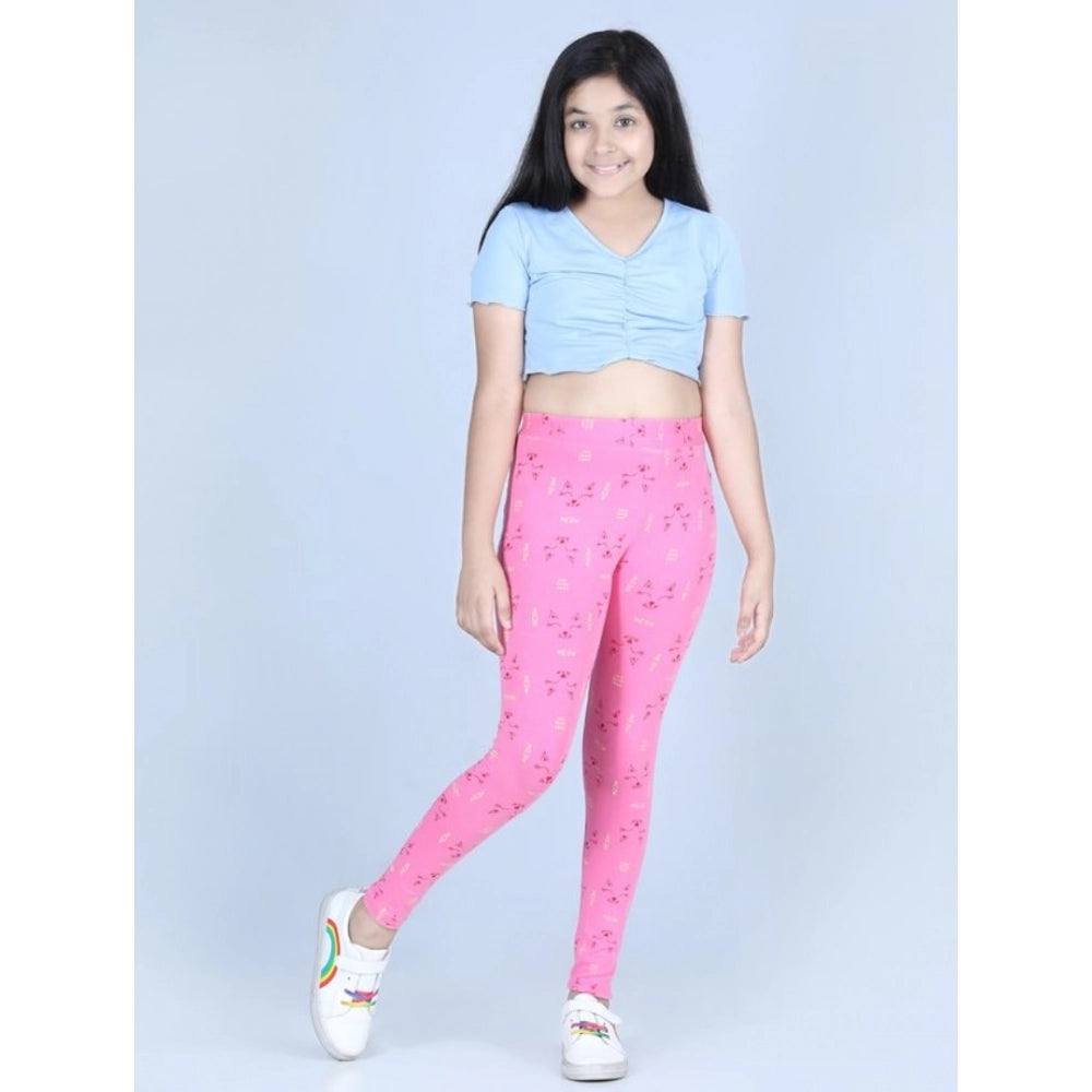 Pink cotton lycra printed elasticated leggings for girls, great for activewear and casual wear