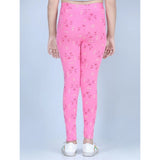 Pink cotton lycra printed elasticated leggings for girls, casual activewear on model