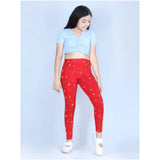 Red cotton lycra printed elasticated leggings for girls