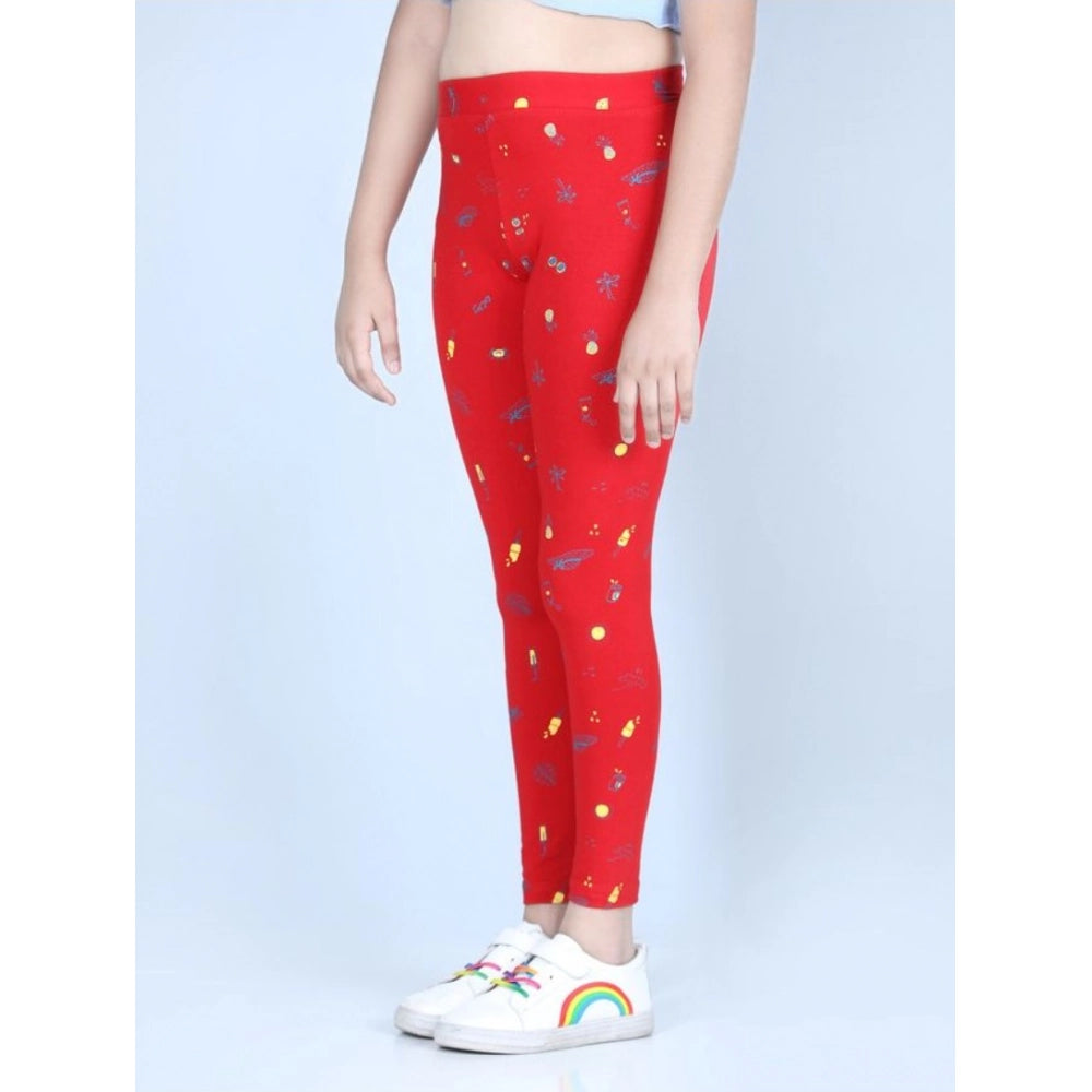 Red cotton lycra printed elasticated leggings for girls, ideal for active play