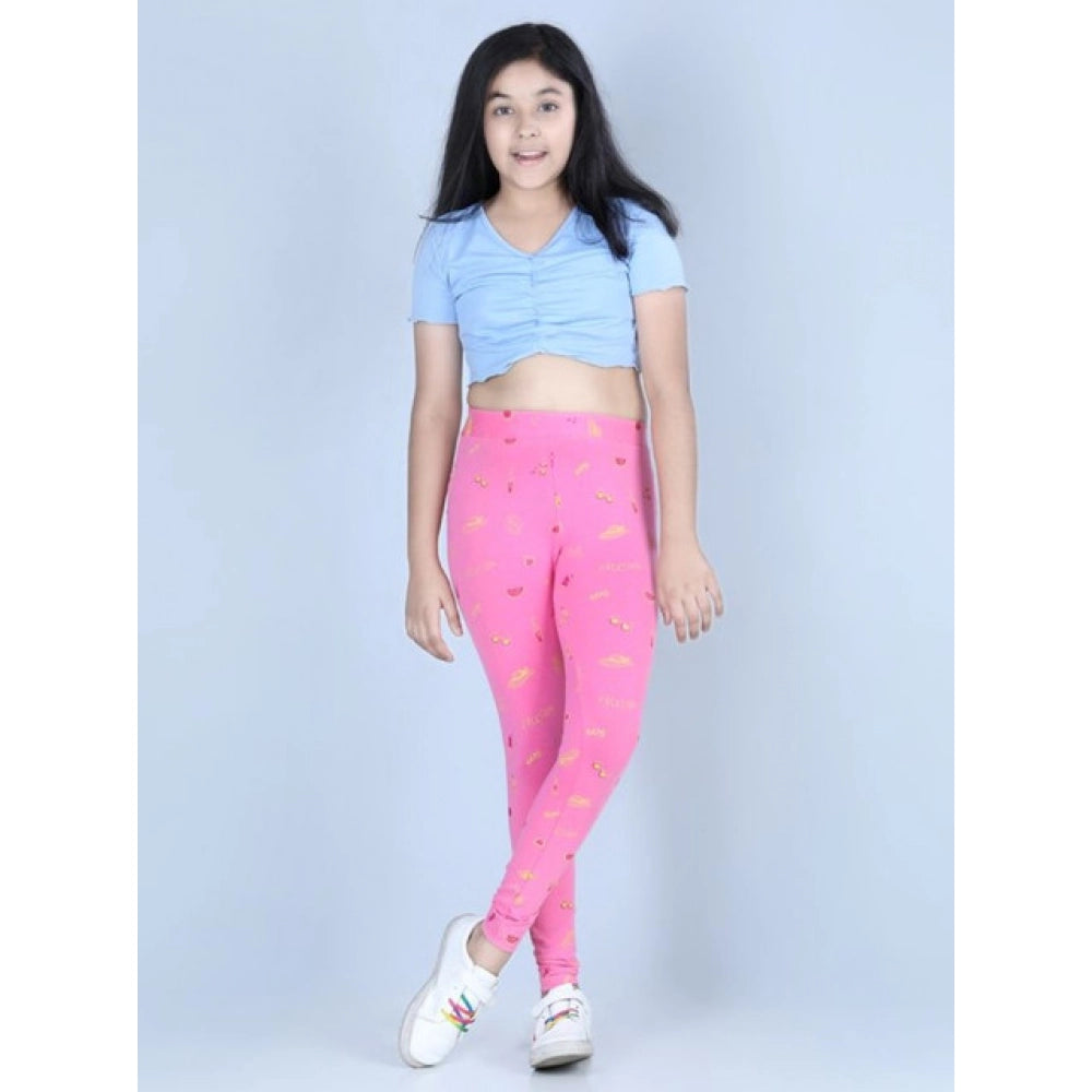 Pink cotton-lycra printed elasticated leggings for girls - casual activewear, vibrant pattern