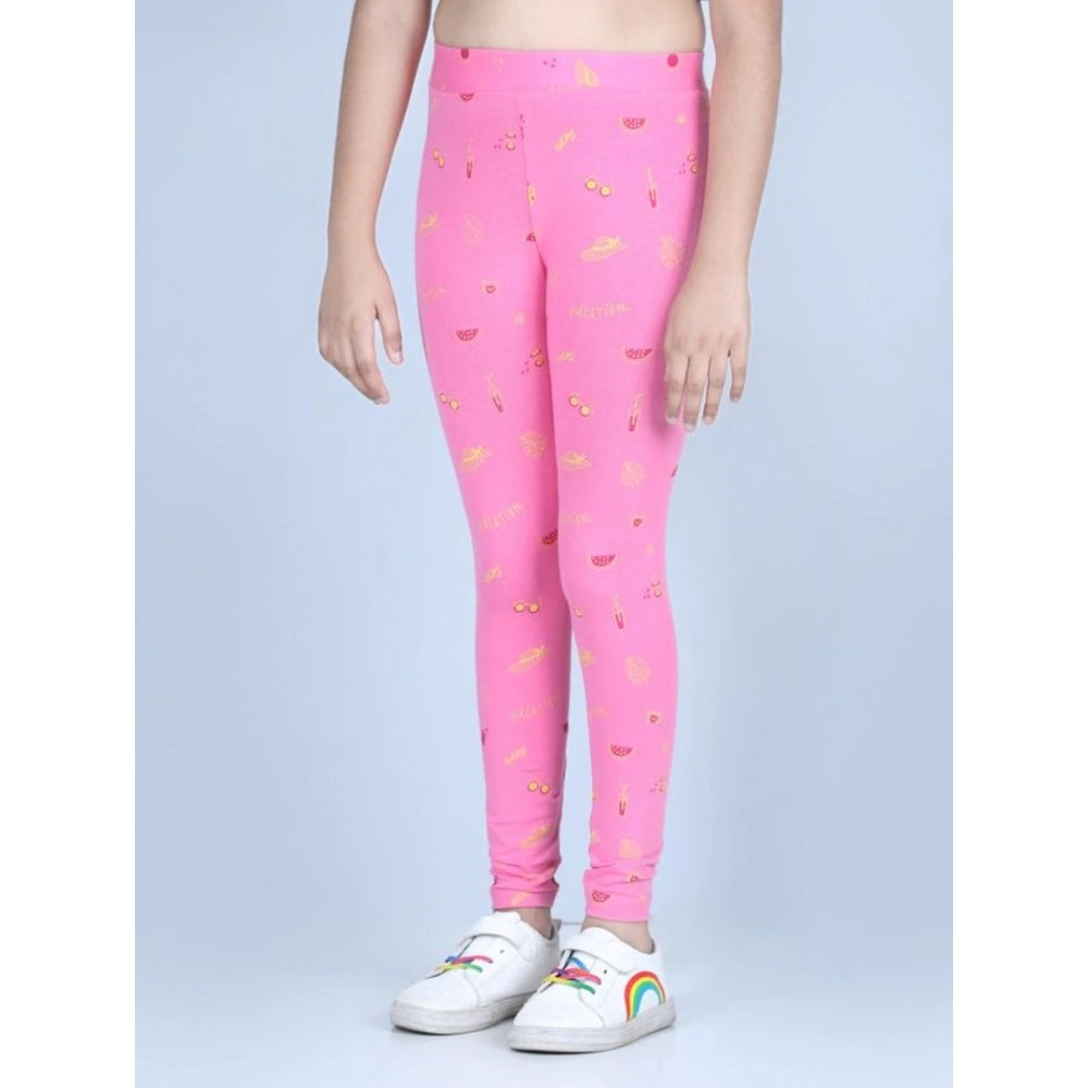 Pink cotton-lycra printed elasticated leggings for girls - ideal for active play
