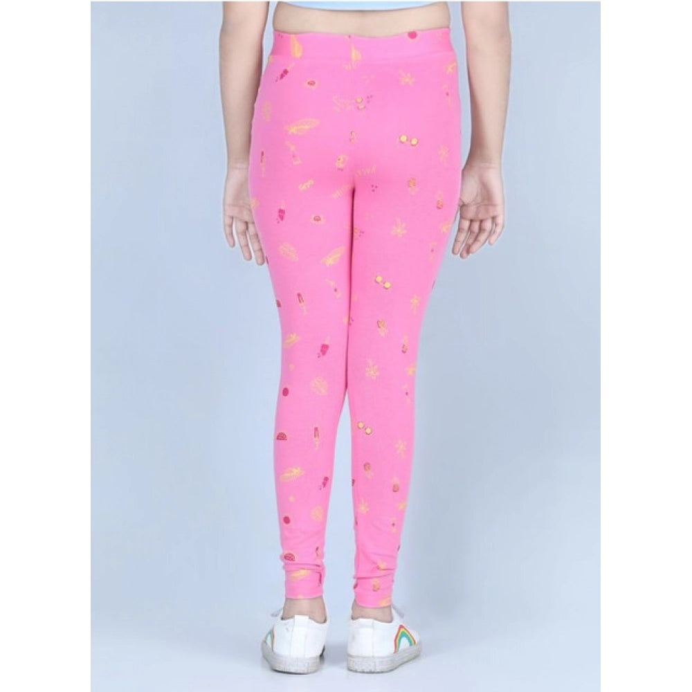 Pink cotton-lycra printed elasticated leggings for girls - ideal for activewear and playtime