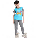 Blue-Grey cotton hosiery printed night suit set for girls on display