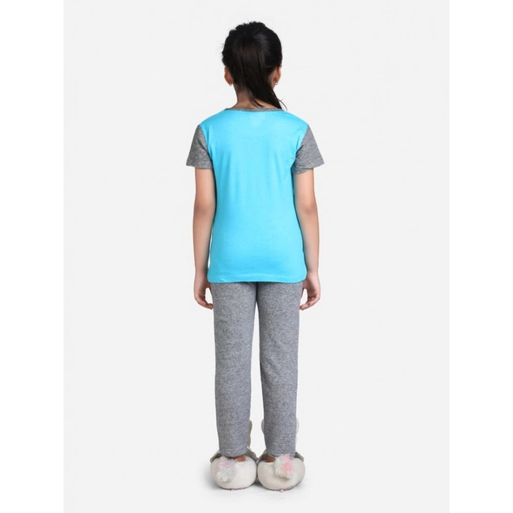 Blue-Grey cotton hosiery printed night suit set for girls on display