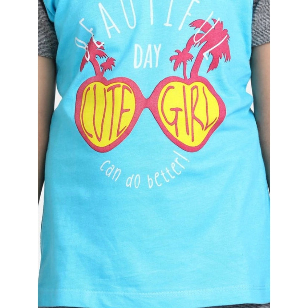 Blue-Grey cotton hosiery printed night suit set for girls, short sleeves, round neck on display