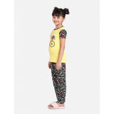 Yellow-Black cotton hosiery night suit set for girls, printed pattern with round neck and short sleeves