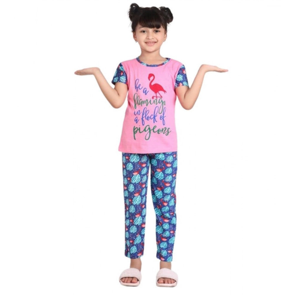 Pink-Blue cotton hosiery night suit set for girls, printed pattern with short sleeves and round neck