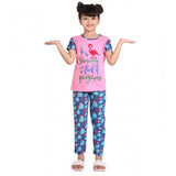Pink-Blue cotton hosiery night suit set for girls, printed pattern with short sleeves and round neck