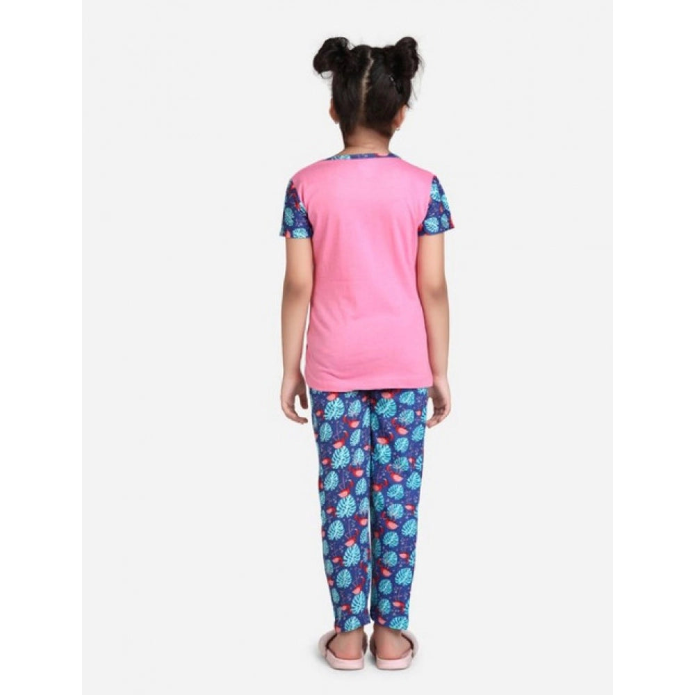 Pink-Blue cotton hosiery girl's night suit set, printed with short sleeves and round neck