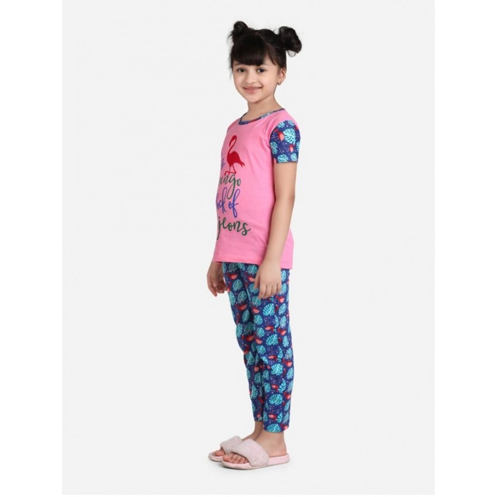 Pink-Blue cotton hosiery night suit set for girls, printed short sleeve top with round neck, on model