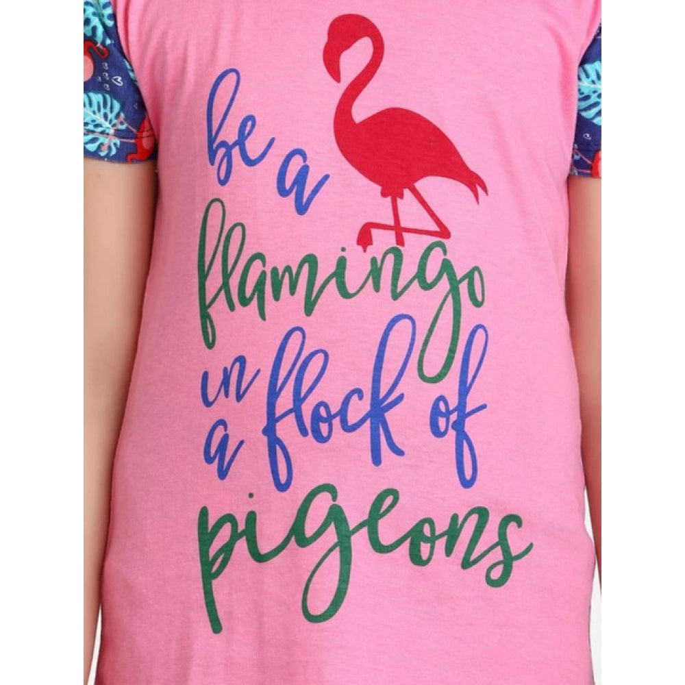 Pink-Blue cotton hosiery printed night suit set for girls, short sleeve round neck with short sleeves visible