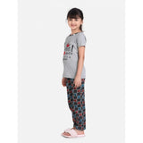 Grey-red cotton hosiery printed night suit set for girls on display rack