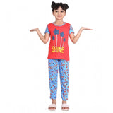 Red-Blue cotton hosiery printed night suit set for girls on display