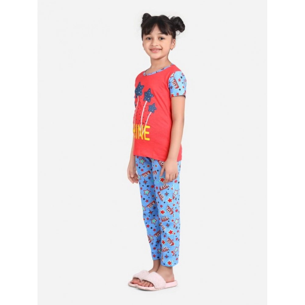Red-Blue printed cotton hosiery night suit set for girls on display stand