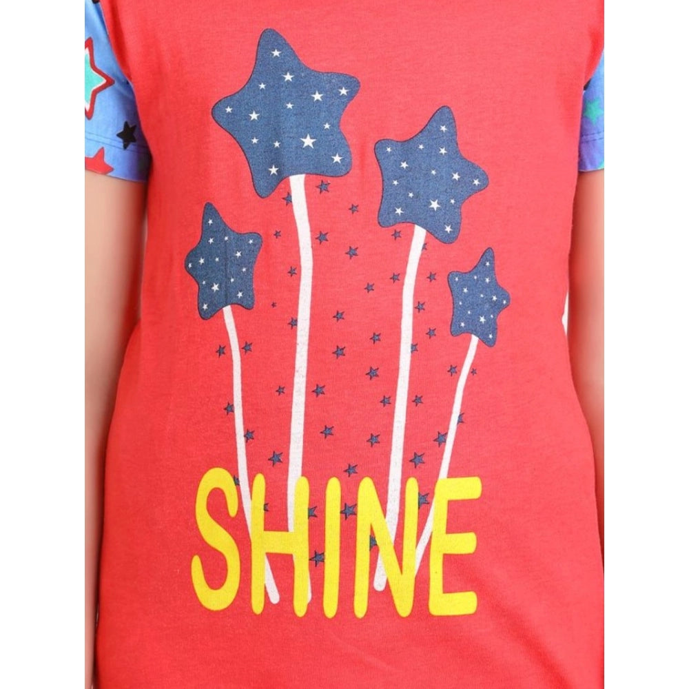 Red-Blue cotton hosiery night suit set for girls, printed with short sleeves and round neck