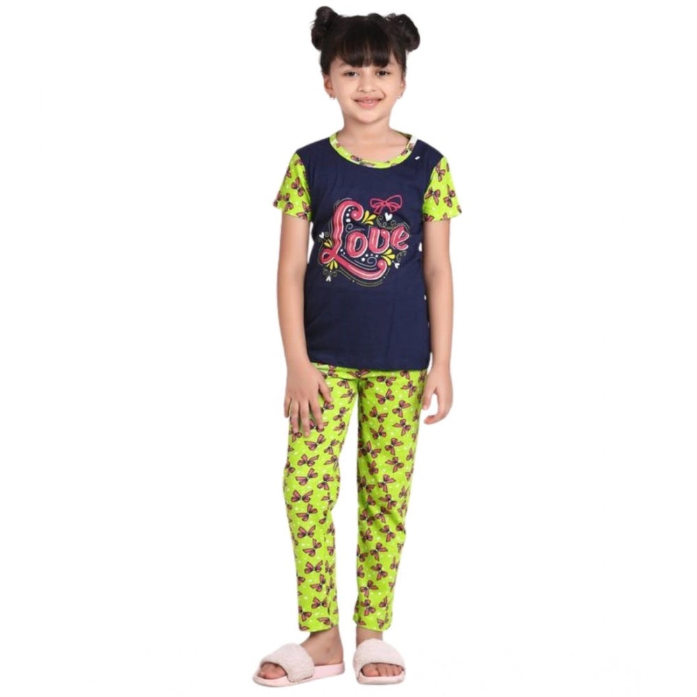 Navy-Green cotton hosiery print night suit set for girls on clothing rack