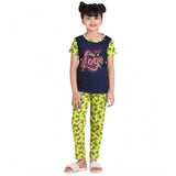 Navy-Green cotton hosiery print night suit set for girls on clothing rack
