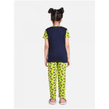 Navy-Green cotton hosiery girl's night suit set with printed pattern, short sleeves and round neck
