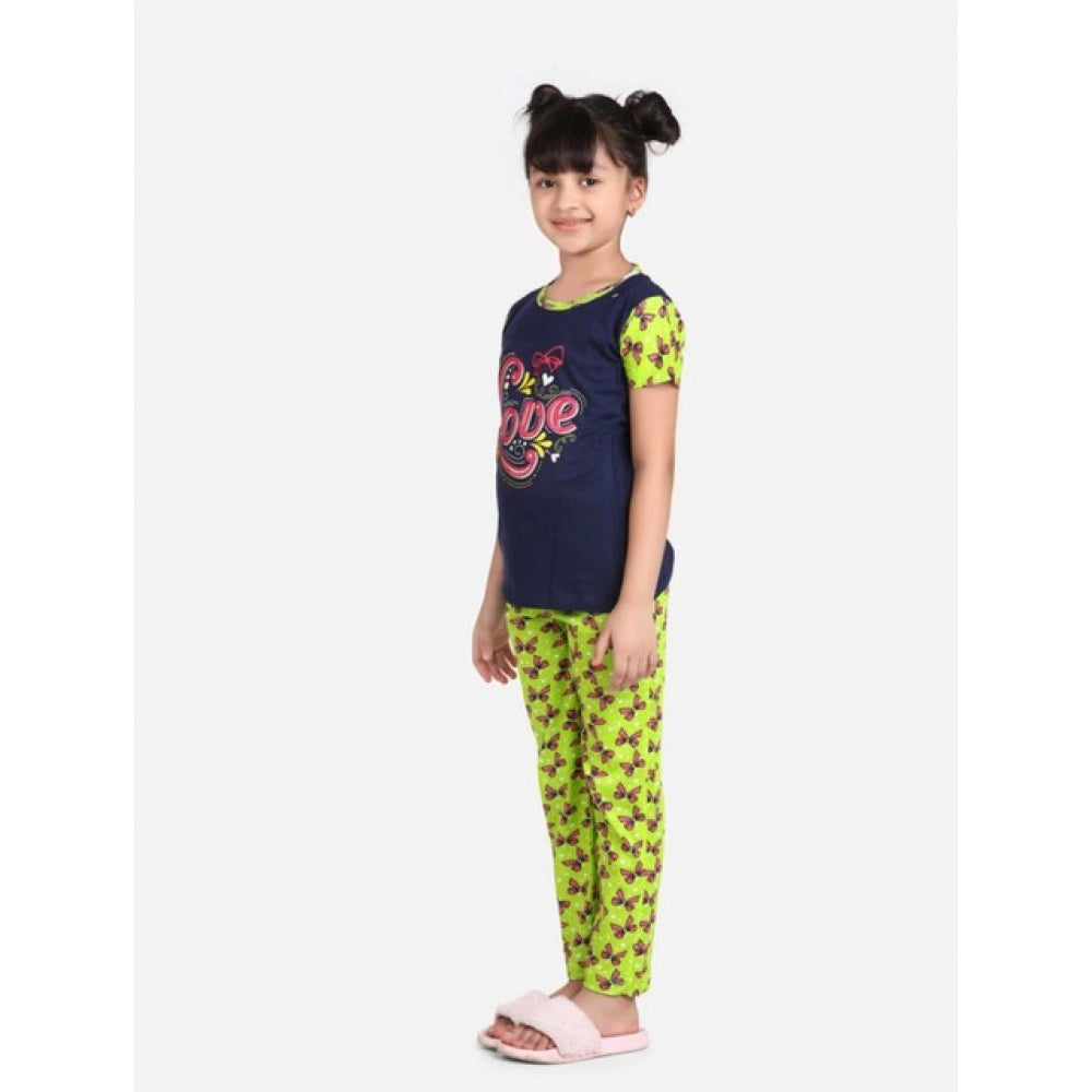 Navy-Green cotton hosiery printed night suit set for girls, short sleeve round neck
