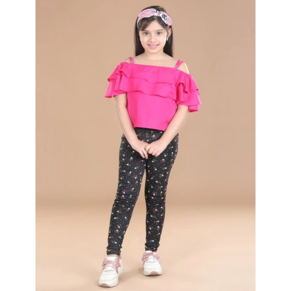 Pink cotton floral elasticated jegging and top set, girl's casual wear with shoulder strap top and elastic waist bottom
