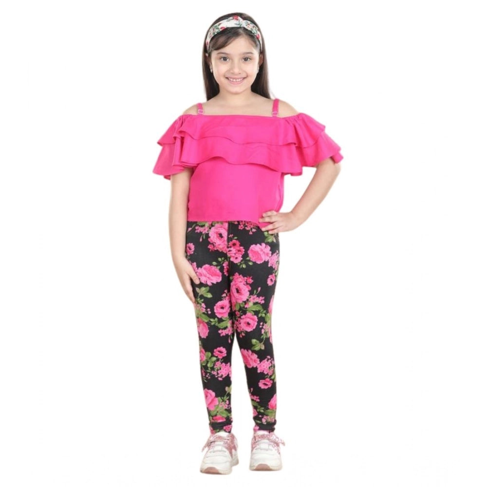 Black-Pink girls' cotton floral elasticated jegging & top set (floral pattern), cotton lycra material, elastic waist, shoulder straps