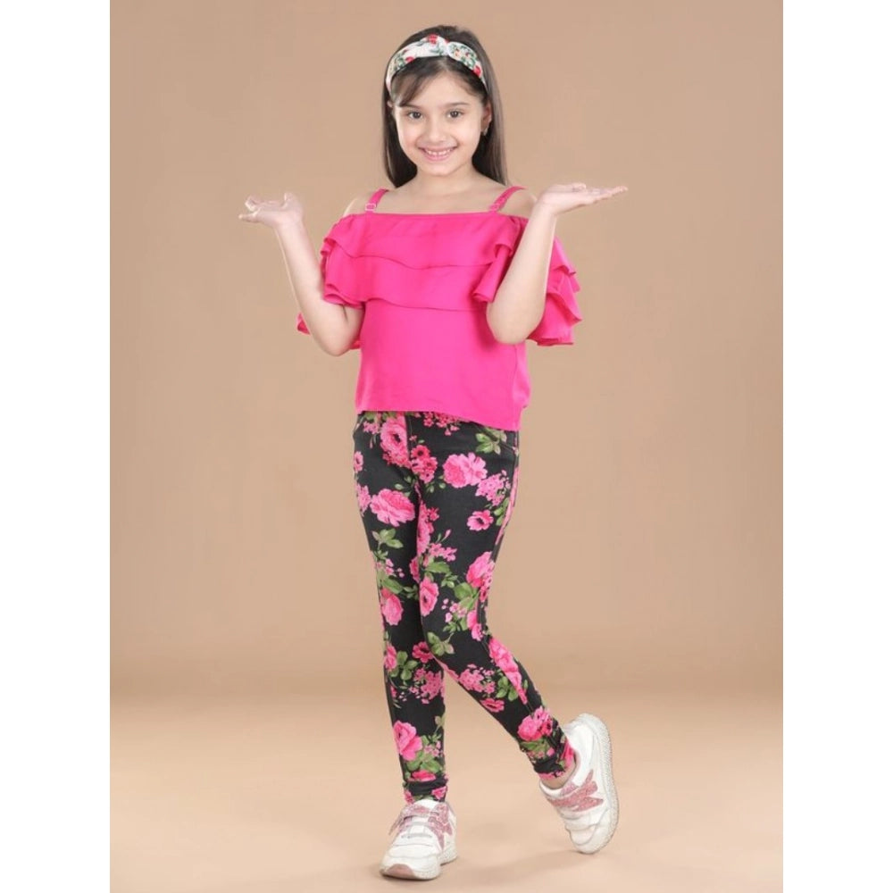 Black-Pink girls' cotton floral elasticated jegging and top set, floral pattern with shoulder strap top and elastic waist bottom