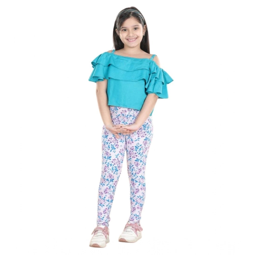 Turquoise blue girls' cotton floral elasticated jegging & top set, floral pattern on elastic waist and shoulder straps