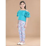 Turquoise blue floral elasticated jegging and top set for girls, cotton and cotton lycra material, shoulder straps and elastic waist