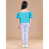Turquoise blue cotton floral elasticated jegging and top set for girls, featuring floral patterns and shoulder strap top