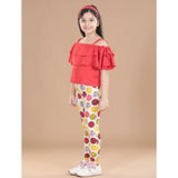 Red cotton floral elasticated jegging and top set with shoulder strap top, perfect for casual wear