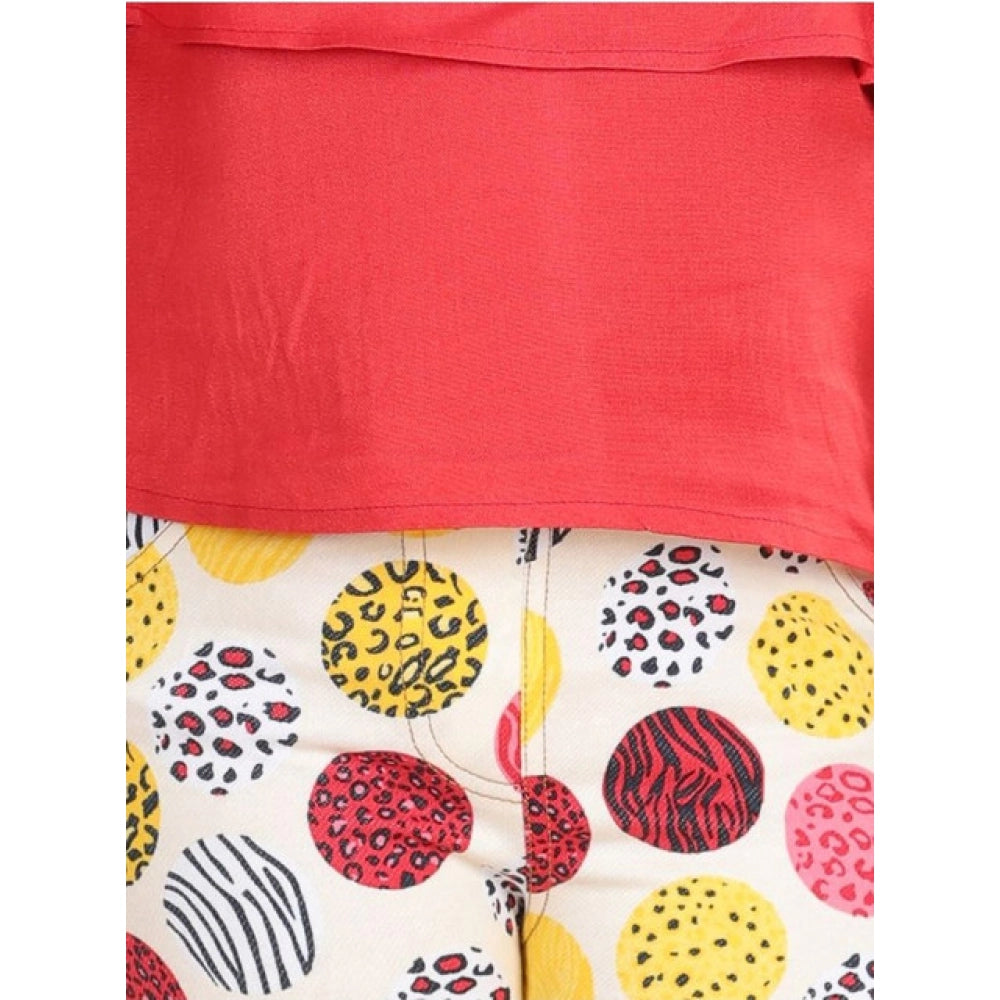 Red cotton floral elasticated jegging and top set for girls, featuring shoulder straps and floral pattern