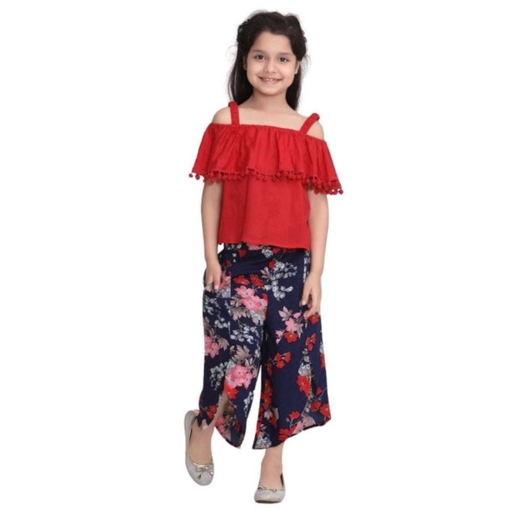 Red-Navy rayon crepe printed cold shoulder top and polyester crepe pants set for girls - square neck, calf length, printed pattern