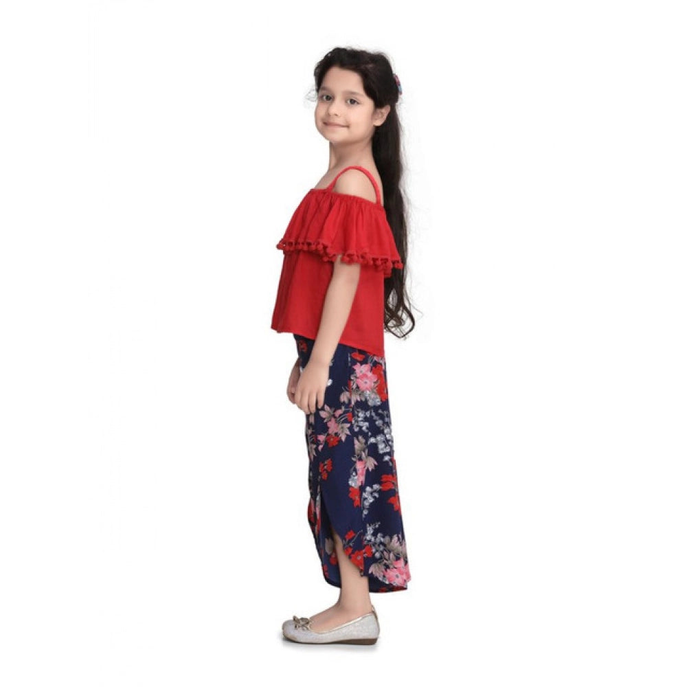 Red-Navy rayon crepe cold shoulder top and polyester crepe printed pants set for girls