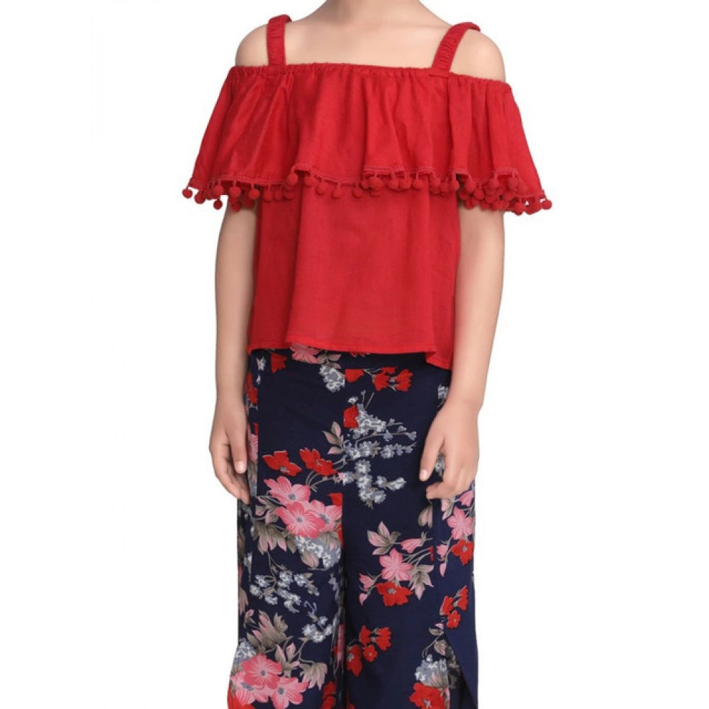 Red-Navy Rayon Crepe cold shoulder top & Polyester Crepe pants set, printed with floral design on a calf-length square neck top
