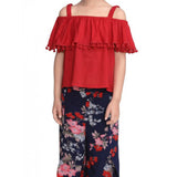 Red-Navy Rayon Crepe cold shoulder top & Polyester Crepe pants set, printed with floral design on a calf-length square neck top