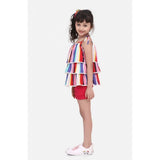 Multicolor striped polyester crepe tie-up shorts set for girls, cotton twill bottoms on display