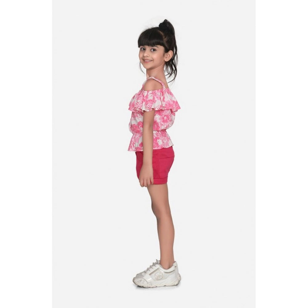 Pink-Red cotton floral cold shoulder top & shorts set, cotton twill material with floral pattern