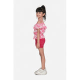 Pink-Red cotton floral cold shoulder top & shorts set, cotton twill material with floral pattern