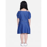 Navy Blue denim solid cold shoulder top & skirt set, pull-on, square neck, knee length