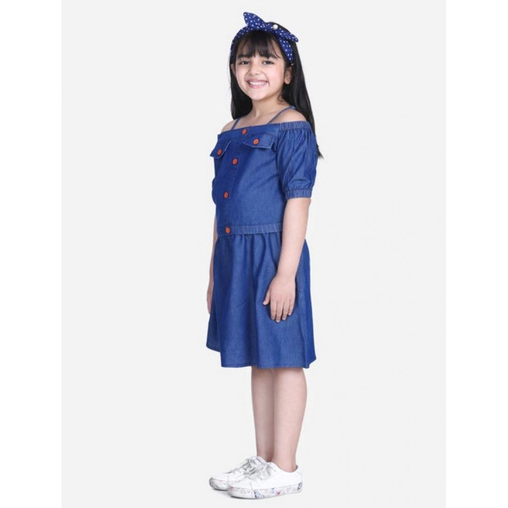 Navy blue denim cold shoulder top and skirt set, solid pattern with square neck and knee-length